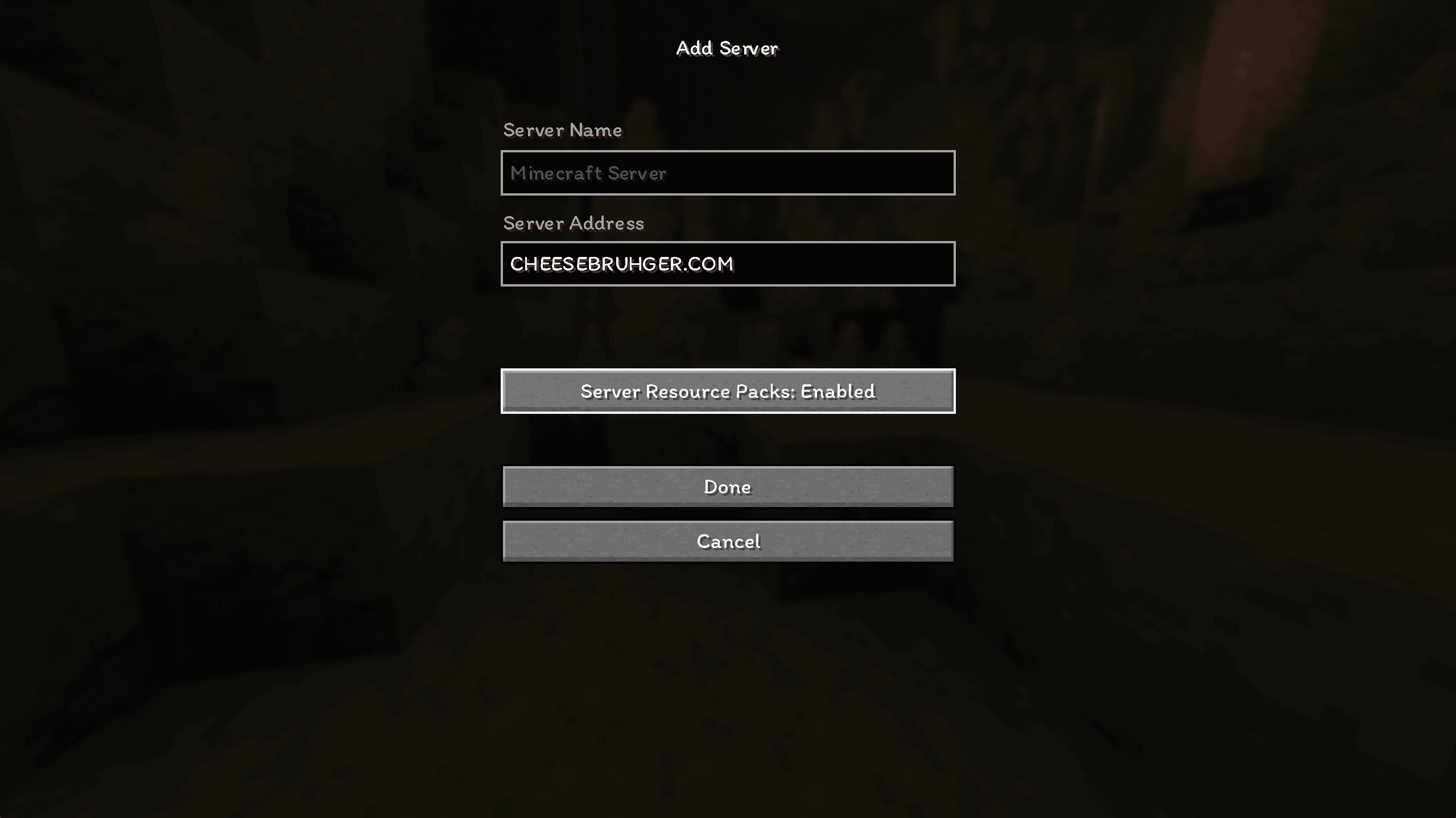 หน้าจอ Add Server ของ Minecraft Java Edition กรอก Server Address เป็น cheesebruhger.com
